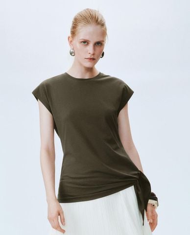  URBAN REVIVO - Áo kiểu nữ tay ngắn buộc vạt chéo 