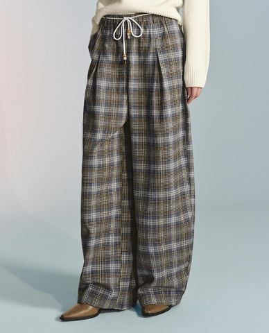  URBAN REVIVO - Quần nữ ống rộng kẻ caro phối dây rút 