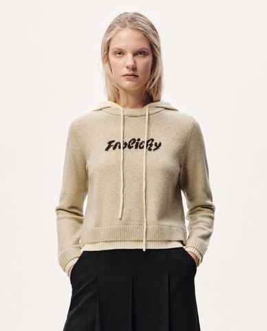  URBAN REVIVO - Áo dệt kim nữ cổ tròn tay dài phối mũ 