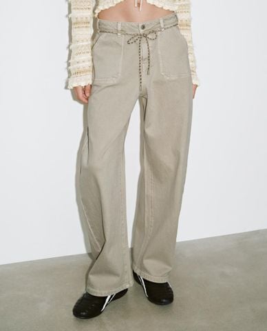  URBAN REVIVO - Quần jeans nữ ống rộng phối dây rút 