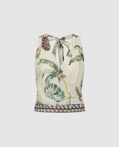  URBAN REVIVO - Áo kiểu nữ cổ yếm hở lưng in họa tiết 