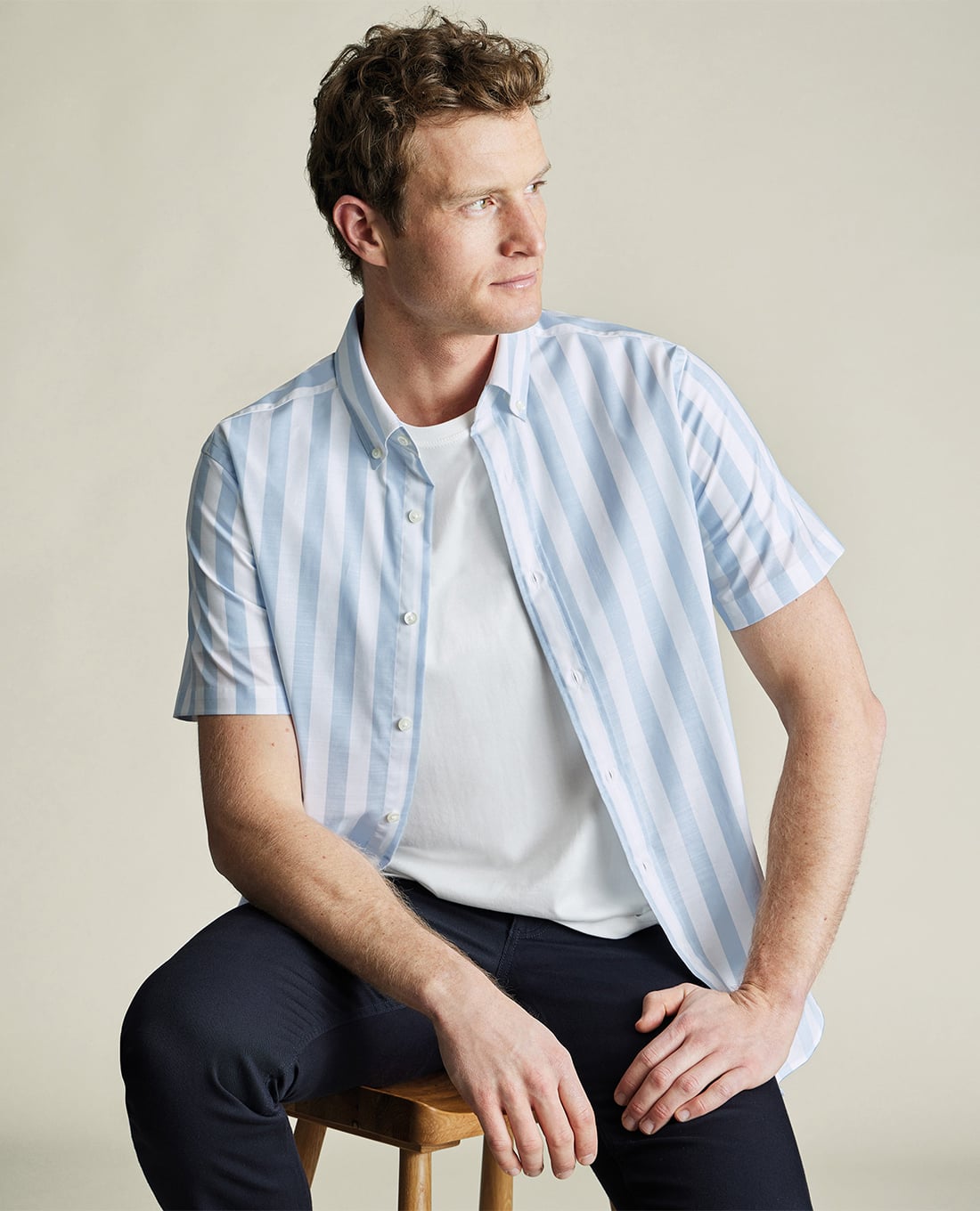 CHARLES TYRWHITT - Áo sơ mi nam cổ bẻ tay ngắn Poplin Slub