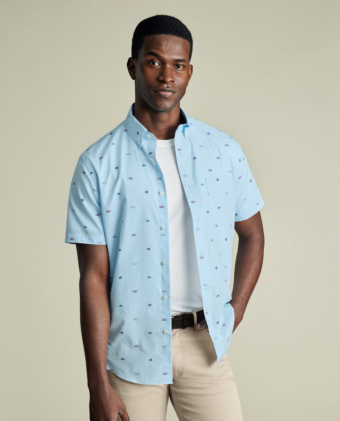 CHARLES TYRWHITT - Áo sơ mi nam cổ bẻ tay ngắn Poplin Fish Print