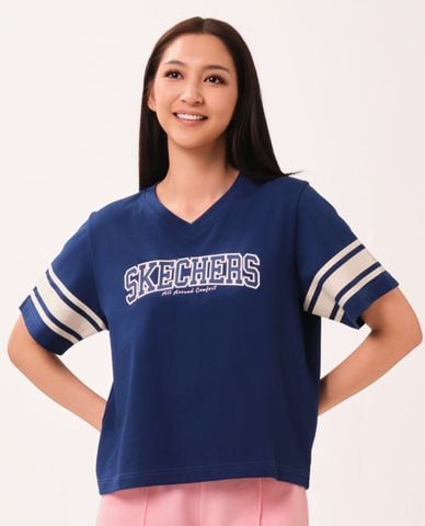  SKECHERS - Áo thun nữ cổ V tay ngắn Iconic 