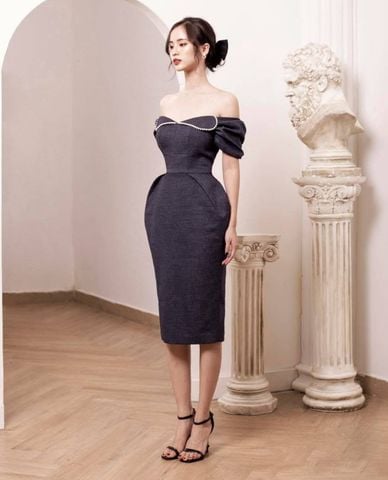 LARMES - Đầm trễ vai midi phối viền ngọc trai Gemma 