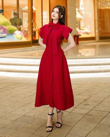  LARMES - Đầm midi tay cánh tiên phối nơ Rosette 