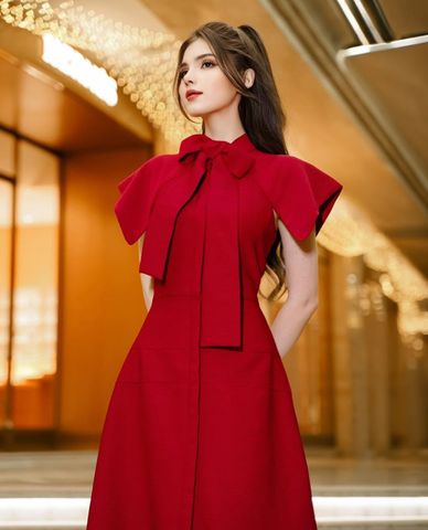  LARMES - Đầm midi tay cánh tiên phối nơ Rosette 