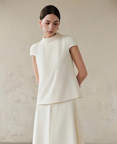  LARMES - Áo kiểu nữ cổ cao tay ngắn Riona 