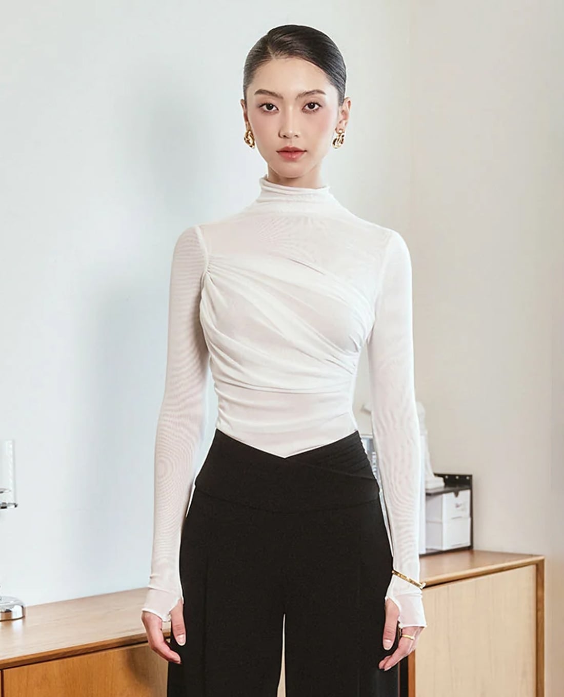 LARMES - Áo kiểu nữ tay dài xuyên thấu Margot