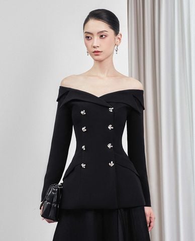 LARMES - Áo trễ vai nữ tay dài phối nút Heather 
