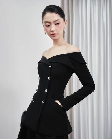  LARMES - Áo trễ vai nữ tay dài phối nút Heather 