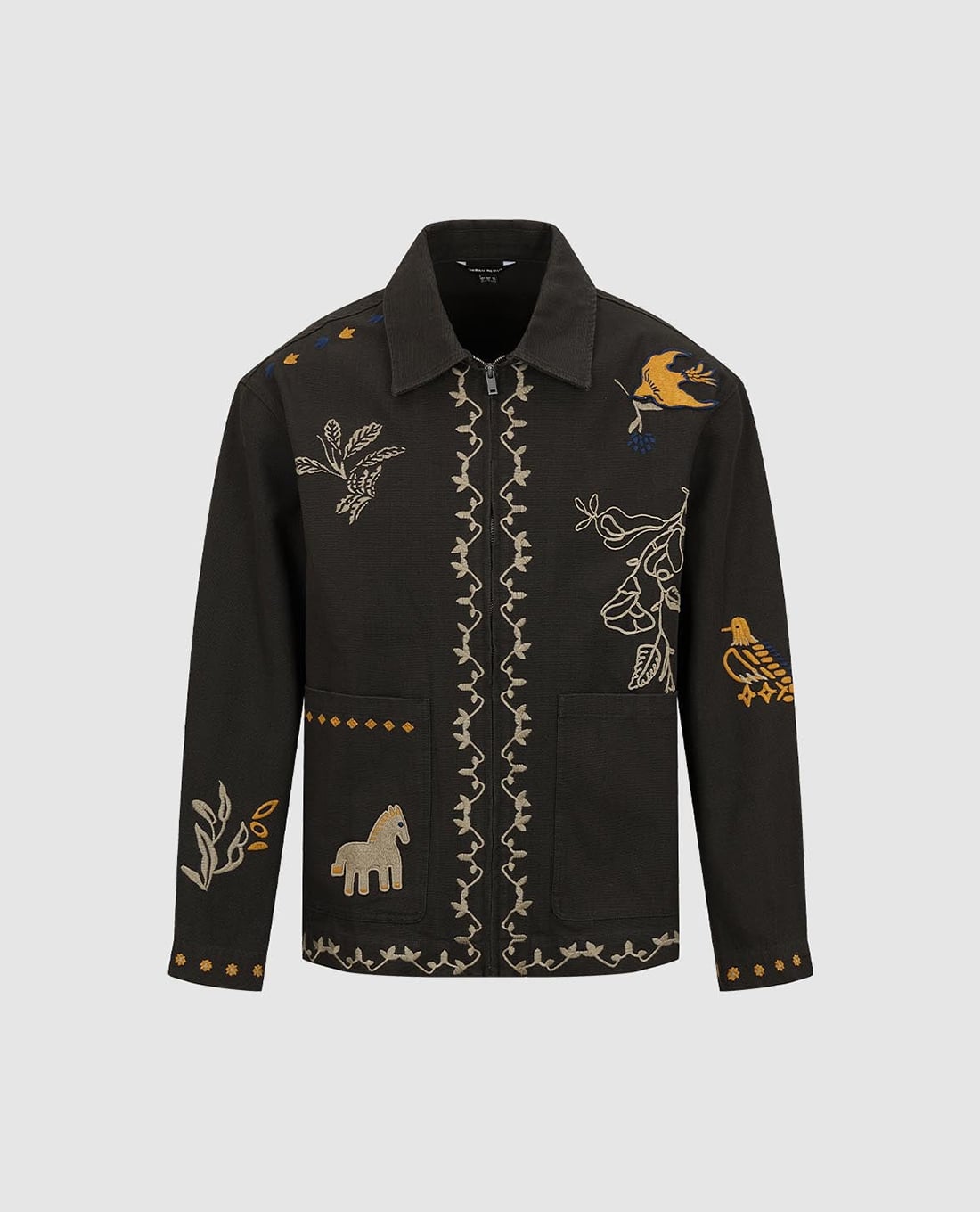 URBAN REVIVO - Áo khoác sơ mi nam cổ bẻ tay dài thêu họa tiết