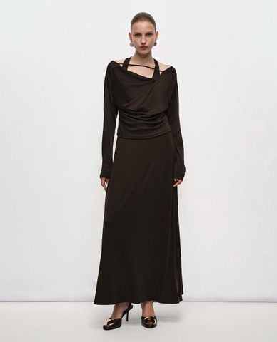  URBAN REVIVO - Đầm trễ vai maxi xếp nếp phối dây 