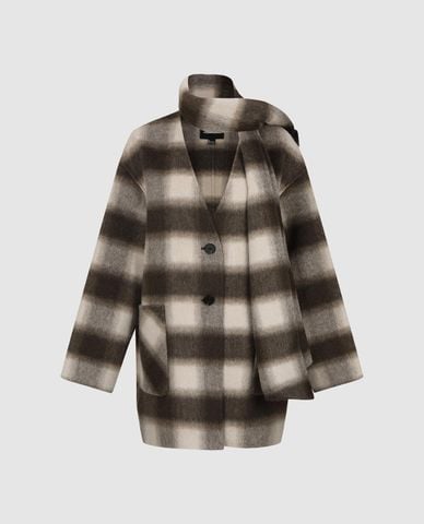  URBAN REVIVO - Áo khoác dạ lông cừu nữ kèm khăn choàng kẻ sọc 