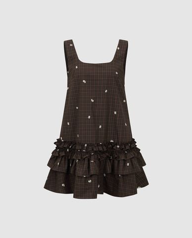  URBAN REVIVO - Đầm hai dây mini xếp tầng phối bèo thêu hoa 
