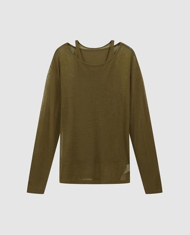  URBAN REVIVO - Áo dệt kim nữ tay dài xuyên thấu phối layer 