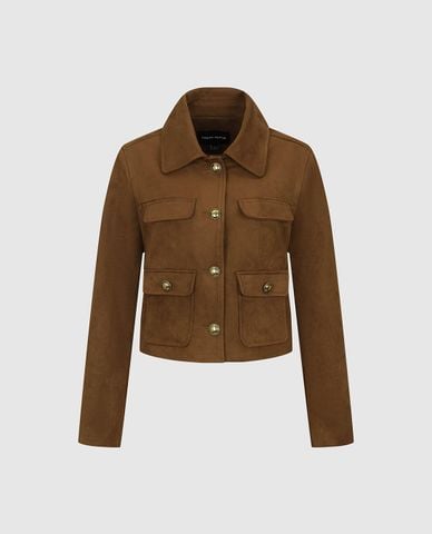  URBAN REVIVO - Áo khoác croptop nữ cổ bẻ tay dài túi hộp 