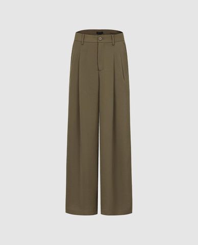  URBAN REVIVO - Quần nữ ống rộng xếp ly tối giản 