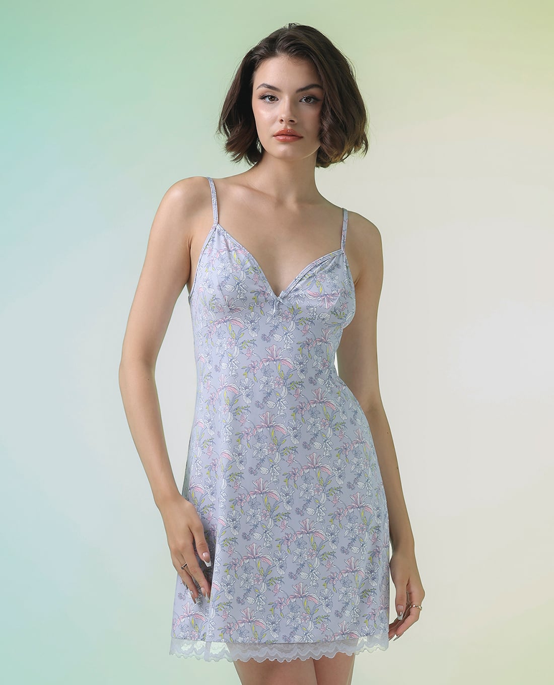 VERA - Đầm ngắn nữ mặc nhà hai dây polyamide in phối ren