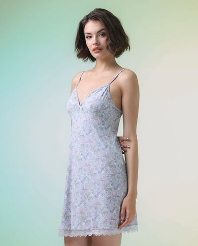  VERA - Đầm ngắn nữ mặc nhà hai dây polyamide in phối ren 