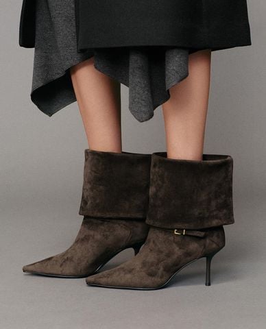  URBAN REVIVO - Giày boots cao gót nữ mũi nhọn phối khóa 