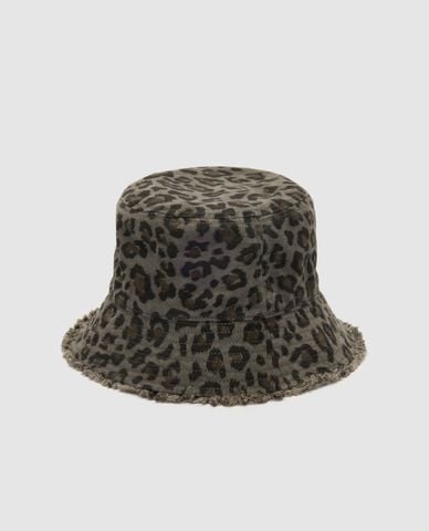  URBAN REVIVO - Nón bucket nữ họa tiết da báo viền tua rua 