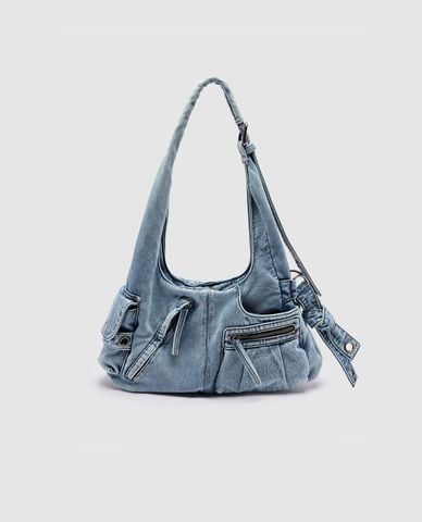  URBAN REVIVO - Túi đeo vai nữ denim nữ hình thang nhiều ngăn 