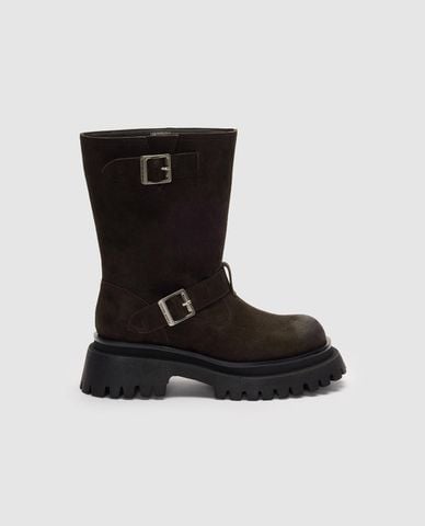  URBAN REVIVO - Boots nữ đế vừa cổ cao phối khóa đôi 