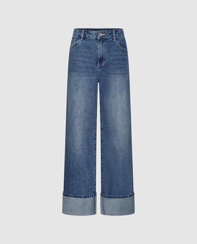  URBAN REVIVO - Quần jeans nữ ống rộng xắn gấu 