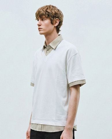  URBAN REVIVO - Áo thun nam cổ sơ mi tay ngắn layer 