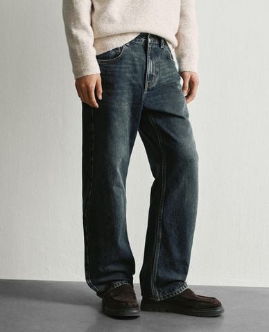  URBAN REVIVO - Quần jeans nam ống rộng wash bạc 