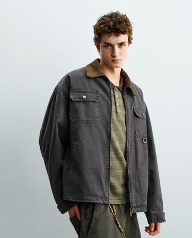  URBAN REVIVO - Áo khoác denim nam cổ nhung tay dài 