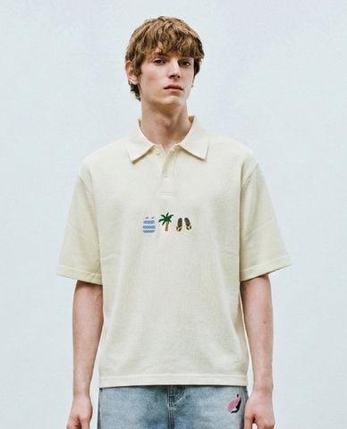  URBAN REVIVO - Áo polo nam cổ bẻ tay ngắn in hình 