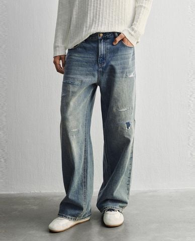  URBAN REVIVO - Quần jeans nam ống rộng wash bạc 