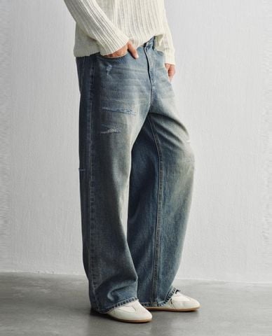  URBAN REVIVO - Quần jeans nam ống rộng wash bạc 
