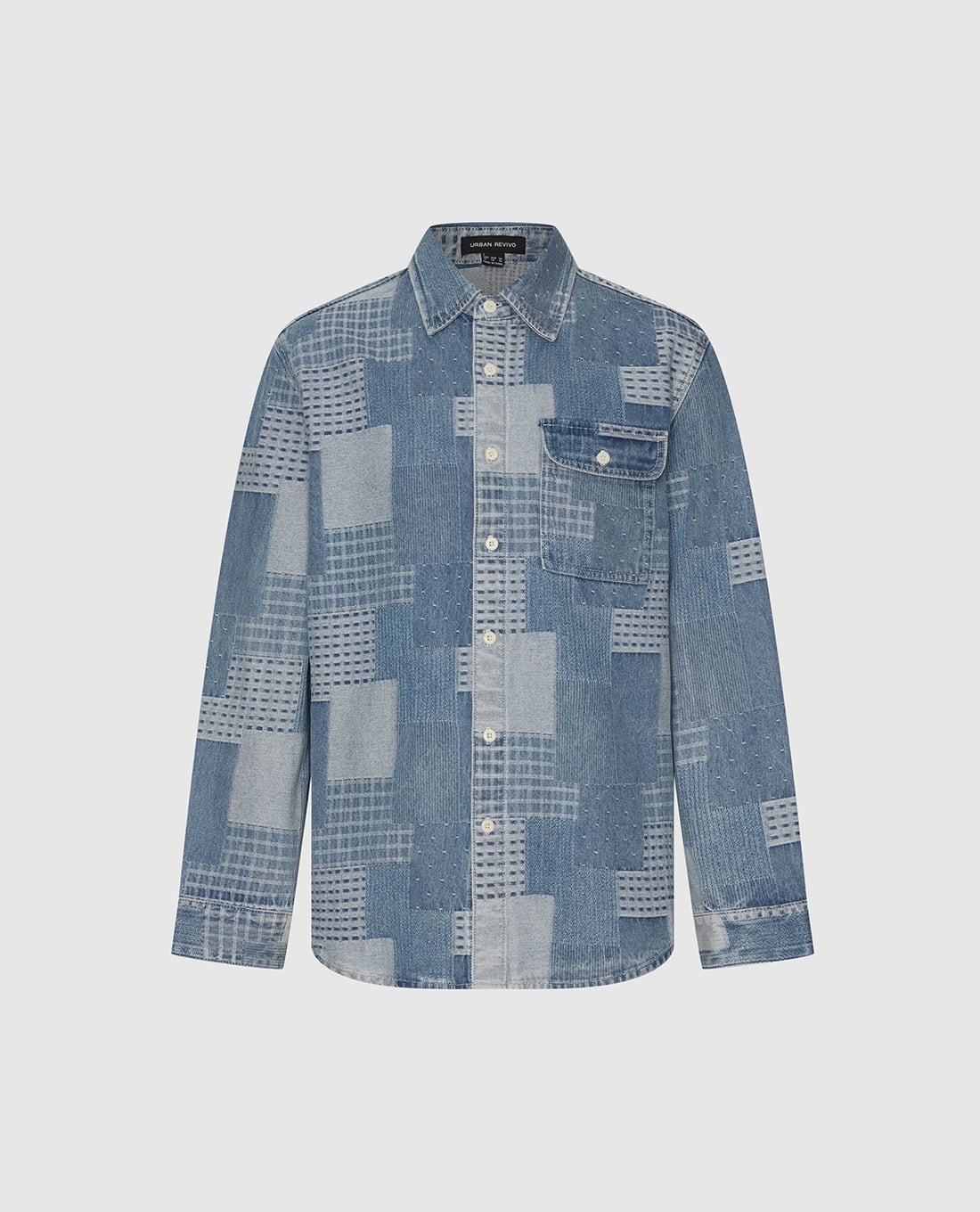 URBAN REVIVO - Áo sơ mi denim nam tay dài họa tiết patchwork