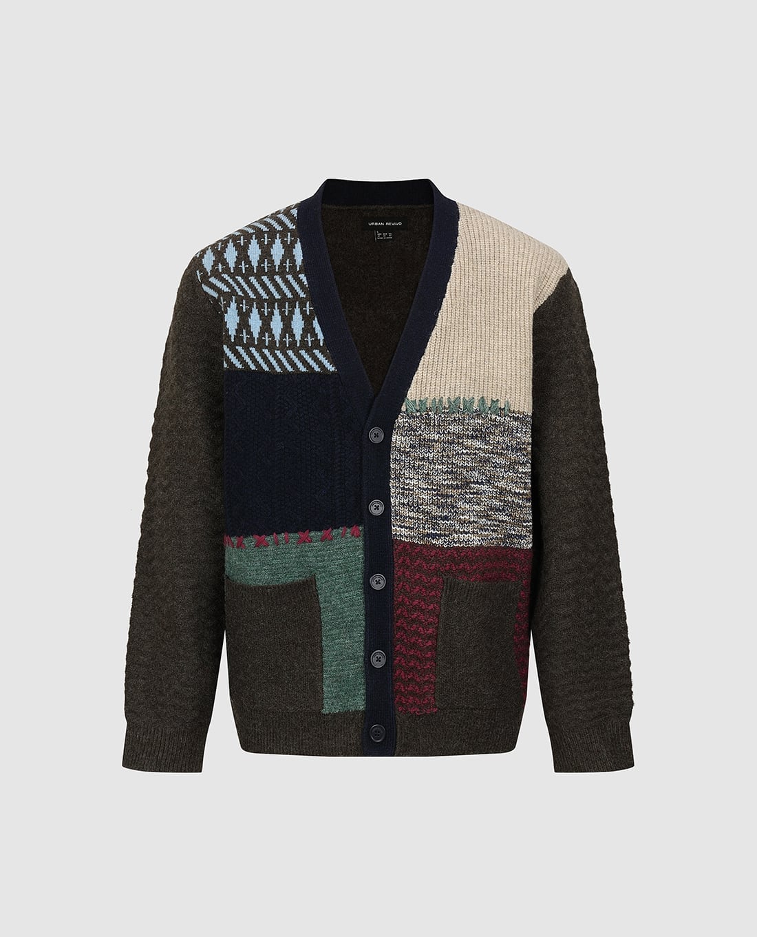 URBAN REVIVO - Áo khoác cardigan nam cổ V tay dài phối mảng màu