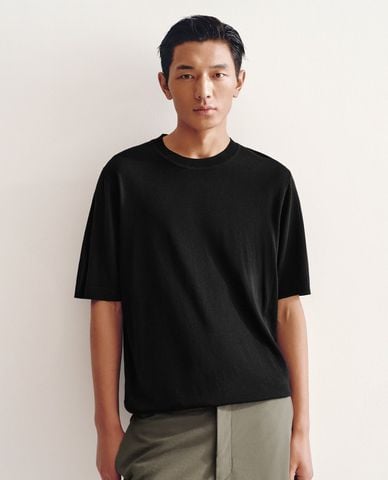  URBAN REVIVO - Áo dệt kim nam cổ tròn tay ngắn bo gấu 