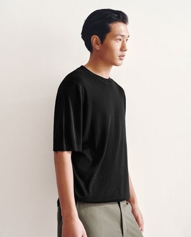  URBAN REVIVO - Áo dệt kim nam cổ tròn tay ngắn bo gấu 