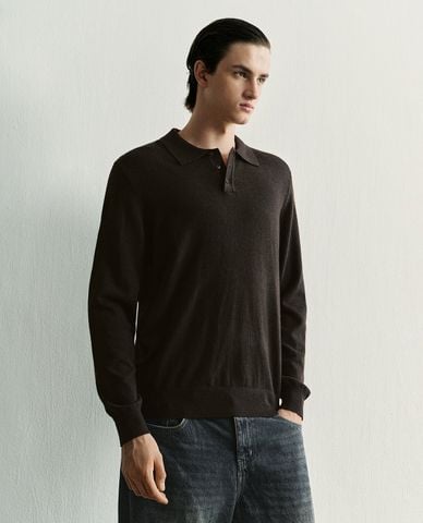  URBAN REVIVO - Áo polo nam dệt kim cổ bẻ tay dài 