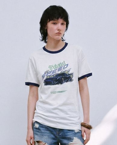  URBAN REVIVO - Áo thun nữ cổ tròn tay ngắn phối viền 