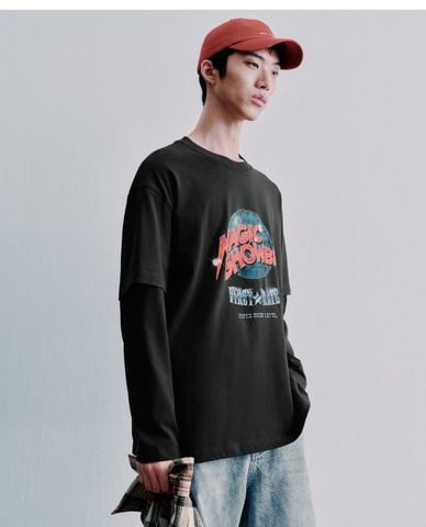  URBAN REVIVO - Áo thun nam cổ tròn tay ngắn phối layer 