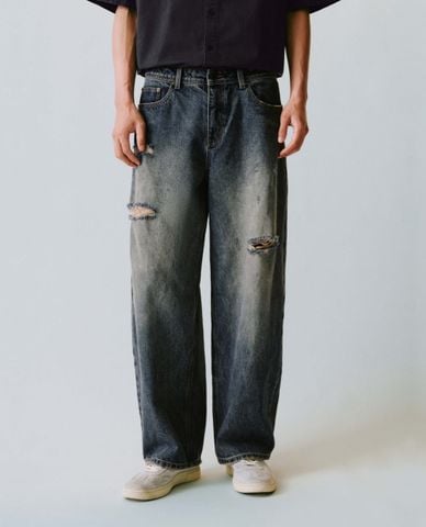  URBAN REVIVO - Quần jeans nam ống rộng wash bạc 