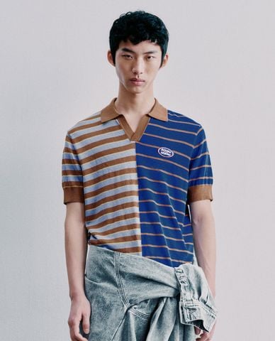  URBAN REVIVO - Áo polo nam dệt kim tay ngắn cổ V phối sọc 