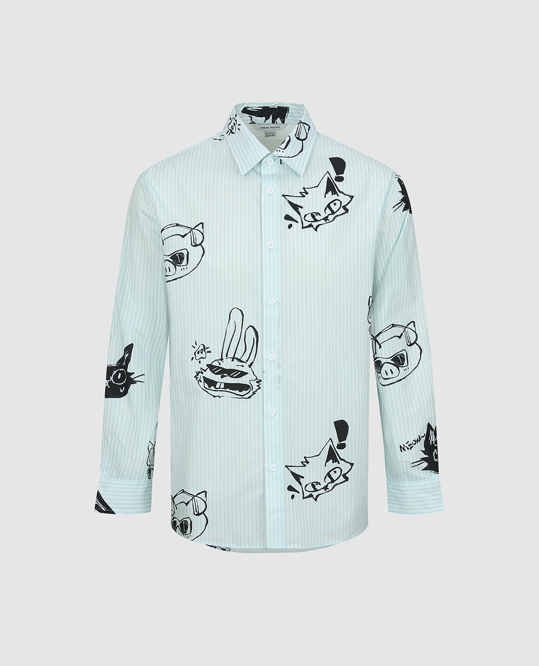 URBAN REVIVO - Áo sơ mi nam cổ bẻ tay dài kẻ sọc in họa tiết