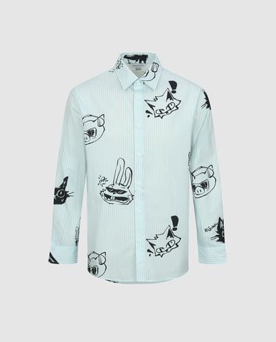  URBAN REVIVO - Áo sơ mi nam cổ bẻ tay dài kẻ sọc in họa tiết 