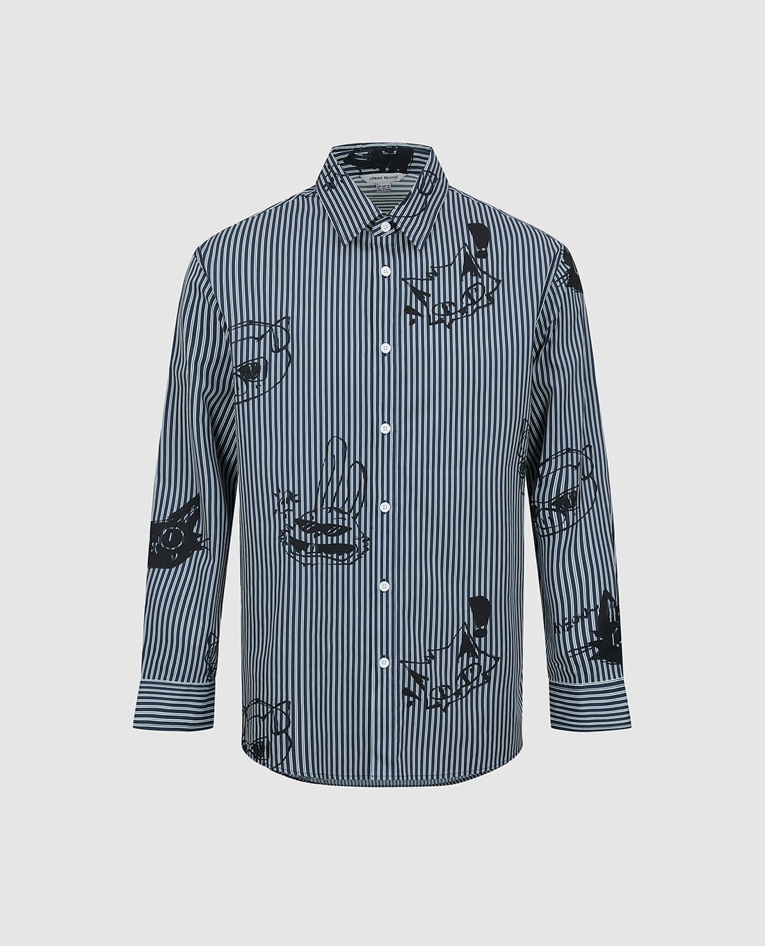 URBAN REVIVO - Áo sơ mi nam cổ bẻ tay dài kẻ sọc in họa tiết