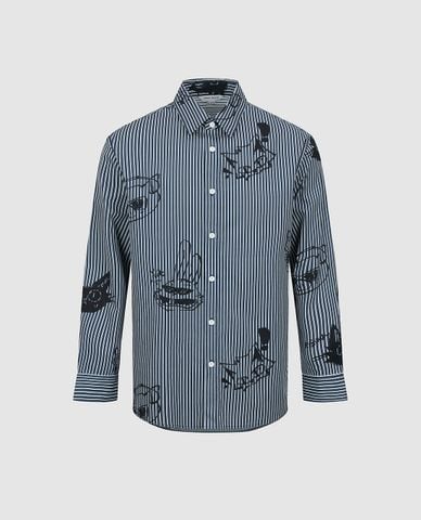  URBAN REVIVO - Áo sơ mi nam cổ bẻ tay dài kẻ sọc in họa tiết 