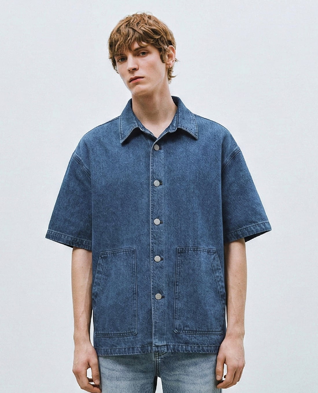 URBAN REVIVO - Áo sơ mi denim nam cổ bẻ tay ngắn