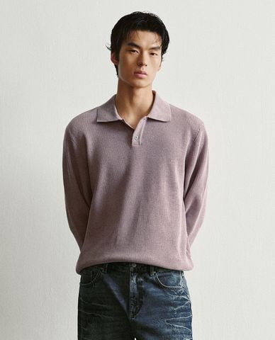  URBAN REVIVO - Áo dệt kim nam cổ bẻ tay dài phom suông 